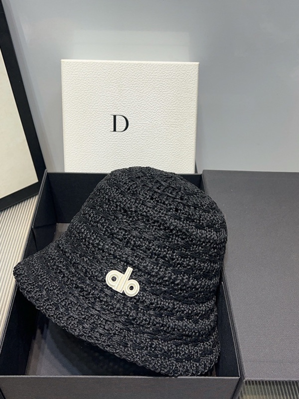 ALO Yoga Black Crochet Bucket Hat with Logo Accent